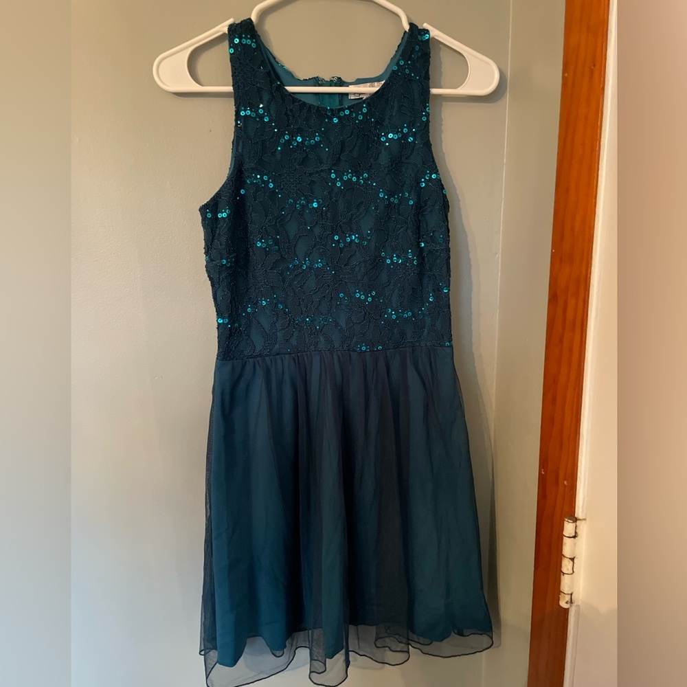 formal teal sparkly dress